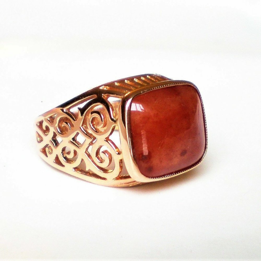 Russian USSR 14K 583 Rose Pink Gold Red Chalcedony Unisex Men's Women's Ring